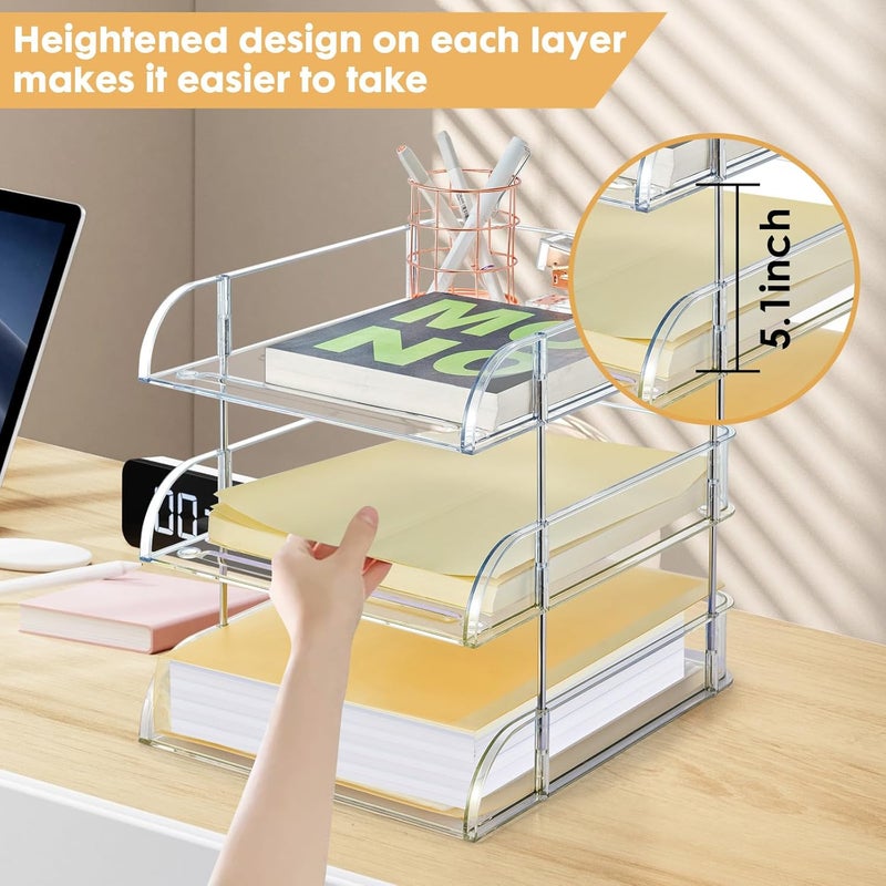 Noger Desk Organizer and Storage,3-Tier File Paper Tray Organizers,Stackable Clear Desktop Organizer for Documents,Book Magazine Storage,Office Supplies (Clear,3 Pack) - Image 3